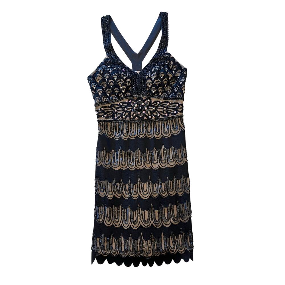 Sue Wong Nocturne Beaded Sequin Cocktail Dress Black Nude Art Deco Size 2